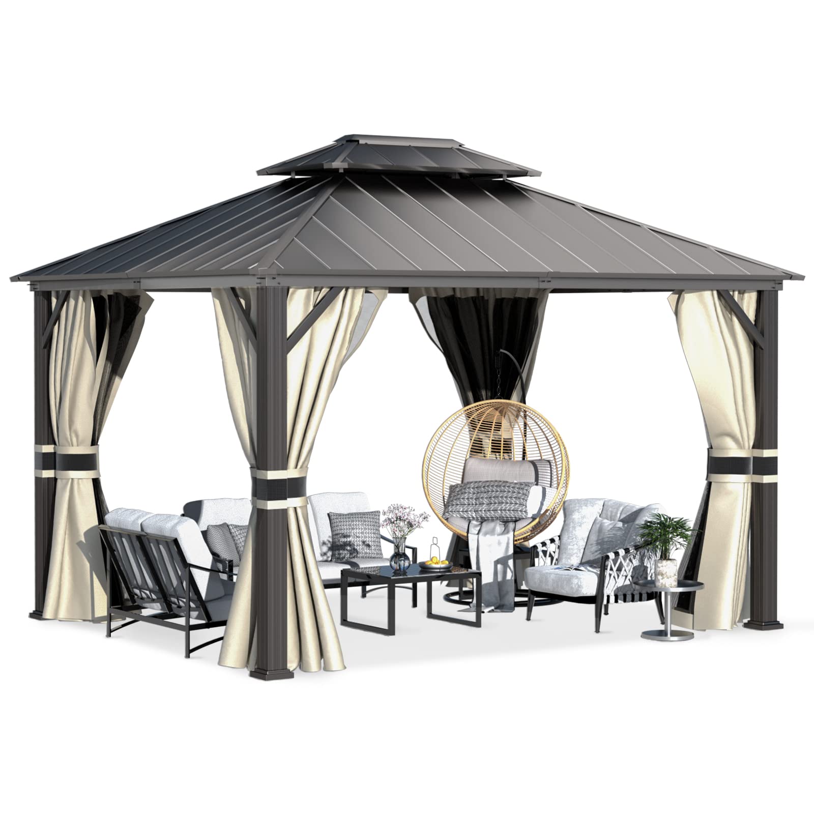 Hardtop Gazebo, Outdoor Aluminum Gazebo with Galvanized Steel Double Roof