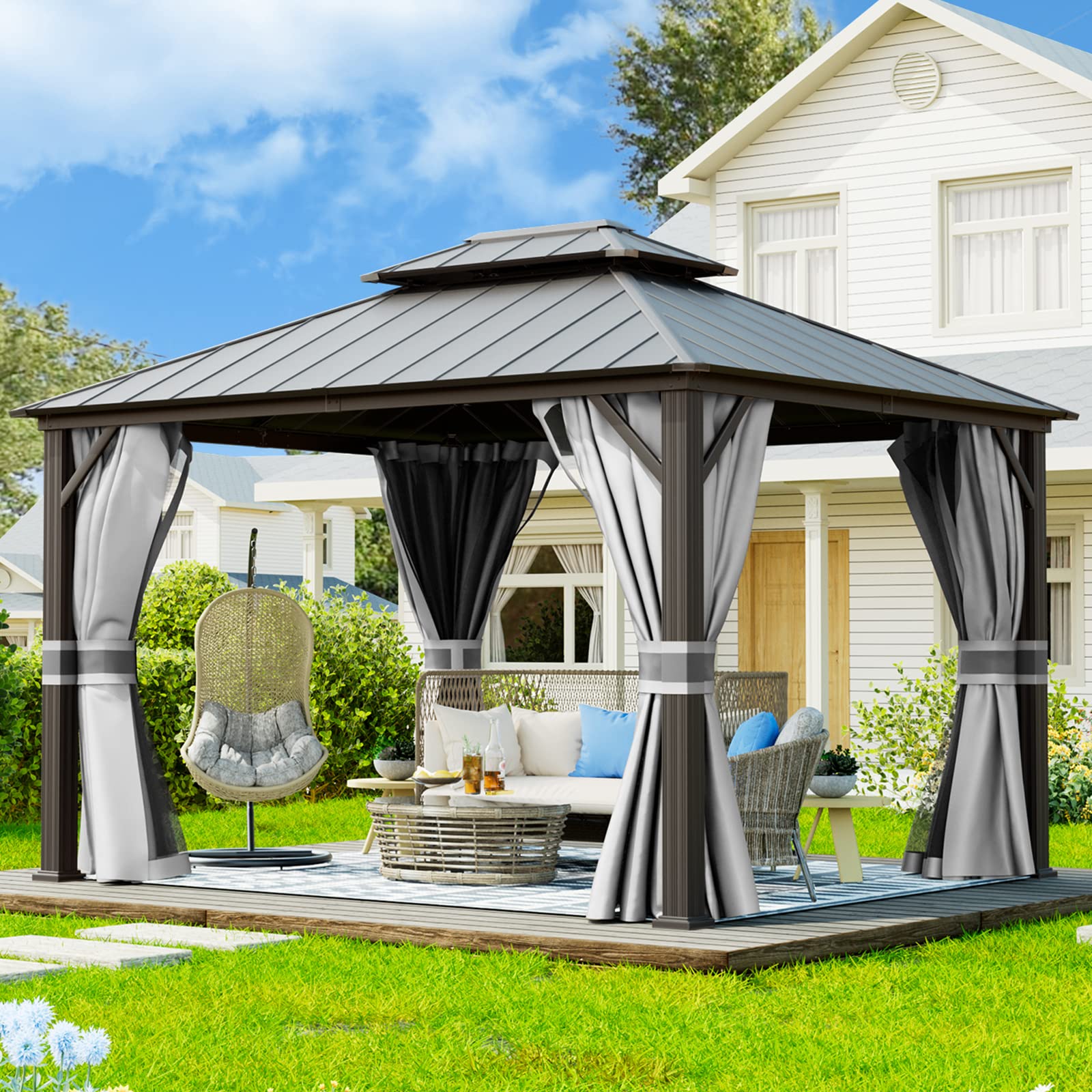 Hardtop Gazebo, Outdoor Aluminum Gazebo with Galvanized Steel Double Roof