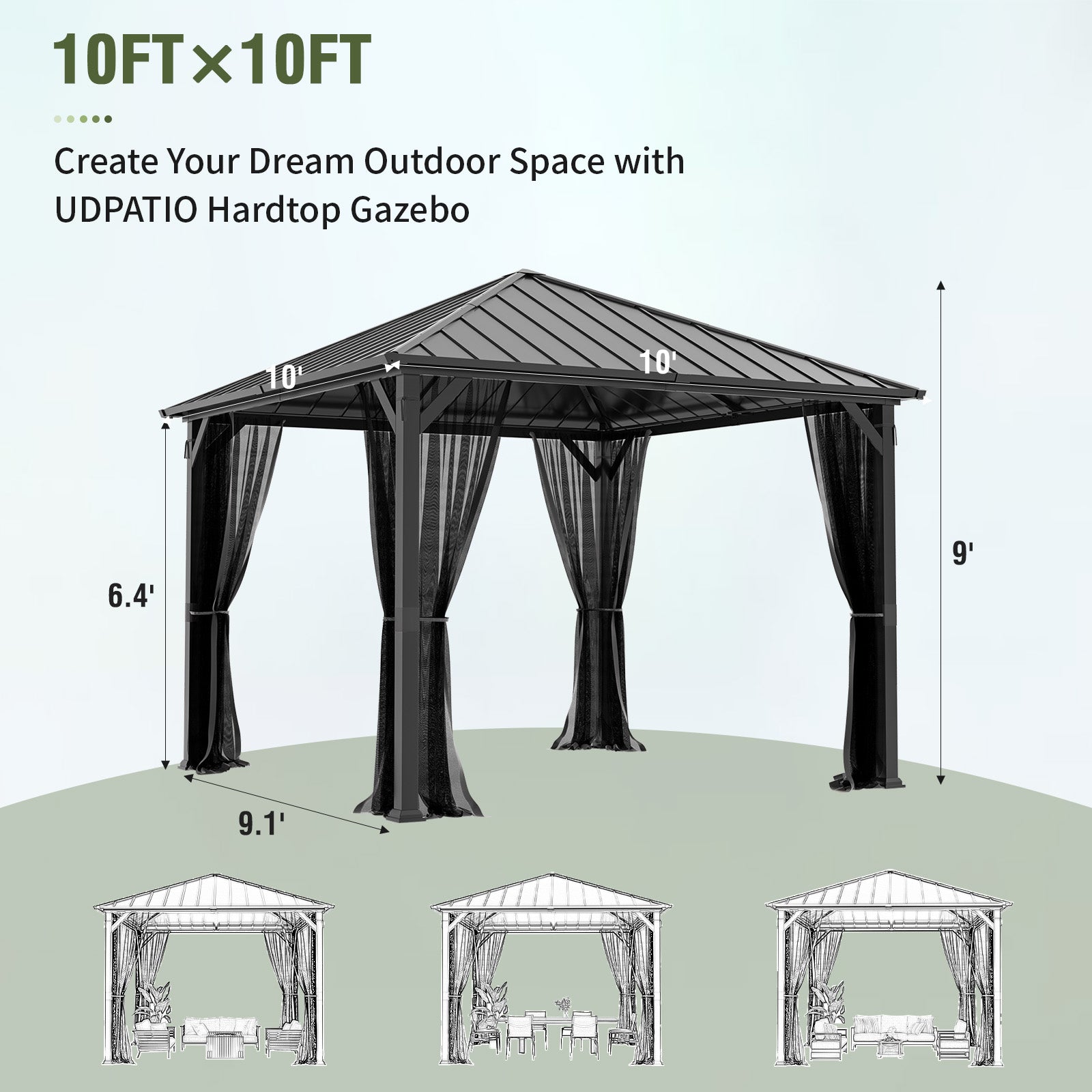 UDPATIO 10' x 10' Hardtop Gazebo,Outdoor Metal Gazebo with Galvanized Steel Roof, Permanent Pavilion with Netting for Patio, Backyard, Deck and Lawns