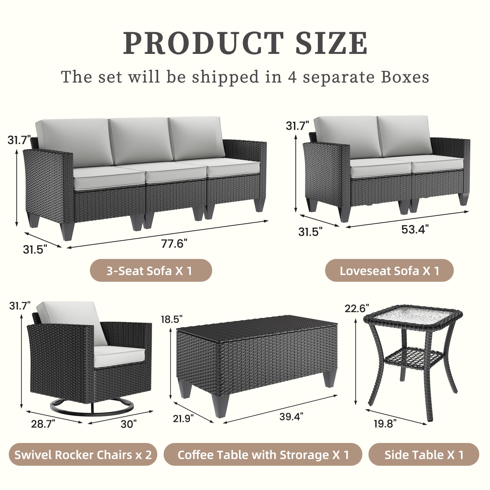 UDPATIO Patio Furniture Set, 6 Pieces Outdoor Furniture Sets with Rocking Swivel Chairs, Wicker Rattan Outdoor Conversation Set with Storage Table and Waterproof Covers for Backyard, Light Grey