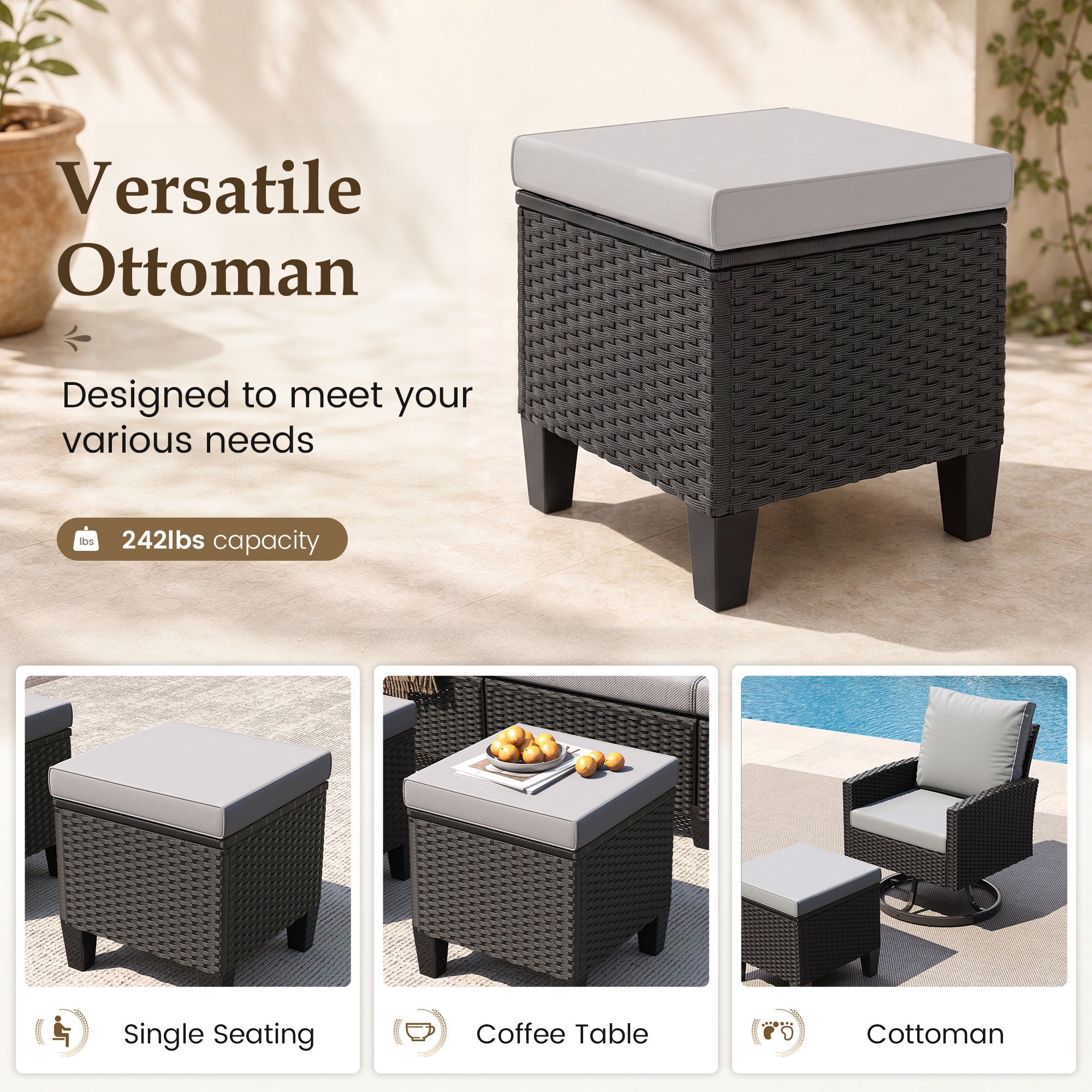 UDPATIO Patio Furniture Set, 6 Pieces Outdoor Conversation Sets with Swivel Chairs, All-Weather Wicker Rattan Patio Sofa with Ottomans and Glass Side Table for Backyard, Deck, Porch, Grey/Black