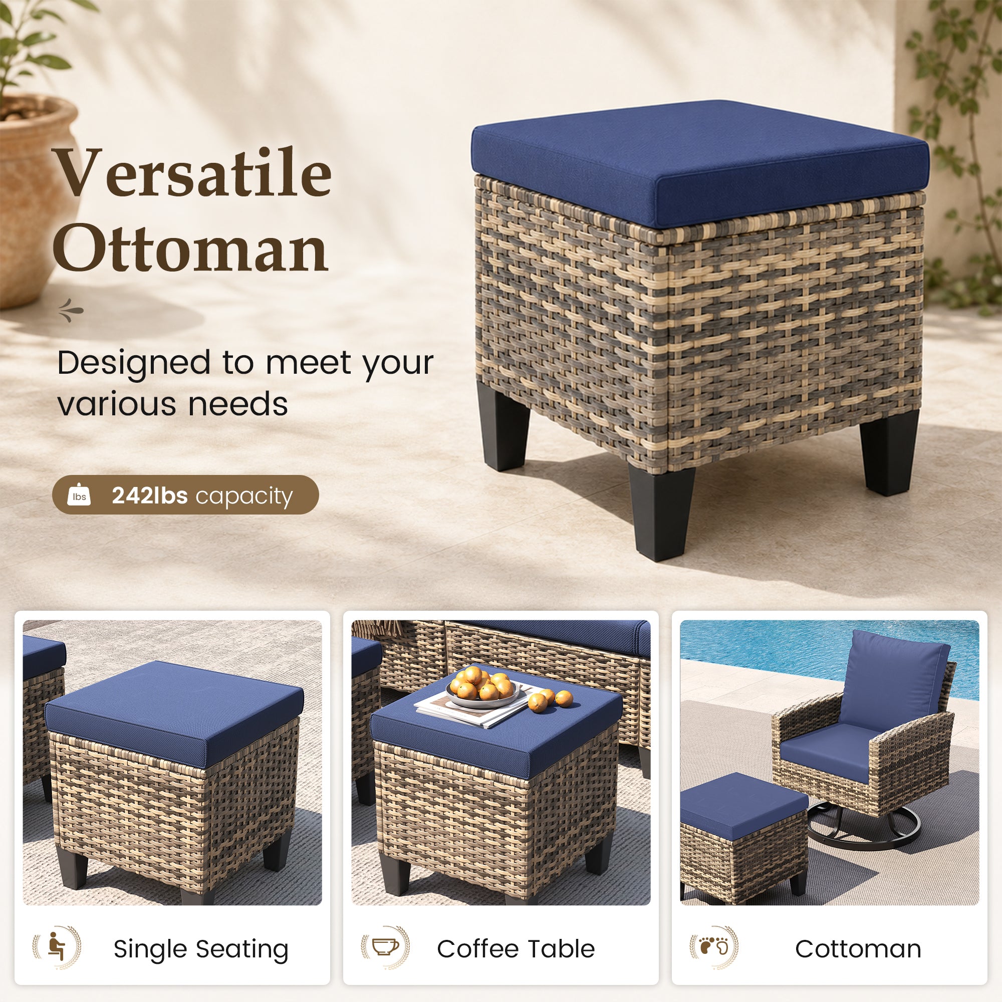 UDPATIO Patio Furniture Set, 6 Pieces Outdoor Conversation Sets with Swivel Chairs, All-Weather Wicker Rattan Patio Sofa with Ottomans and Glass Side Table for Backyard, Deck, Porch, Navy/Yellow