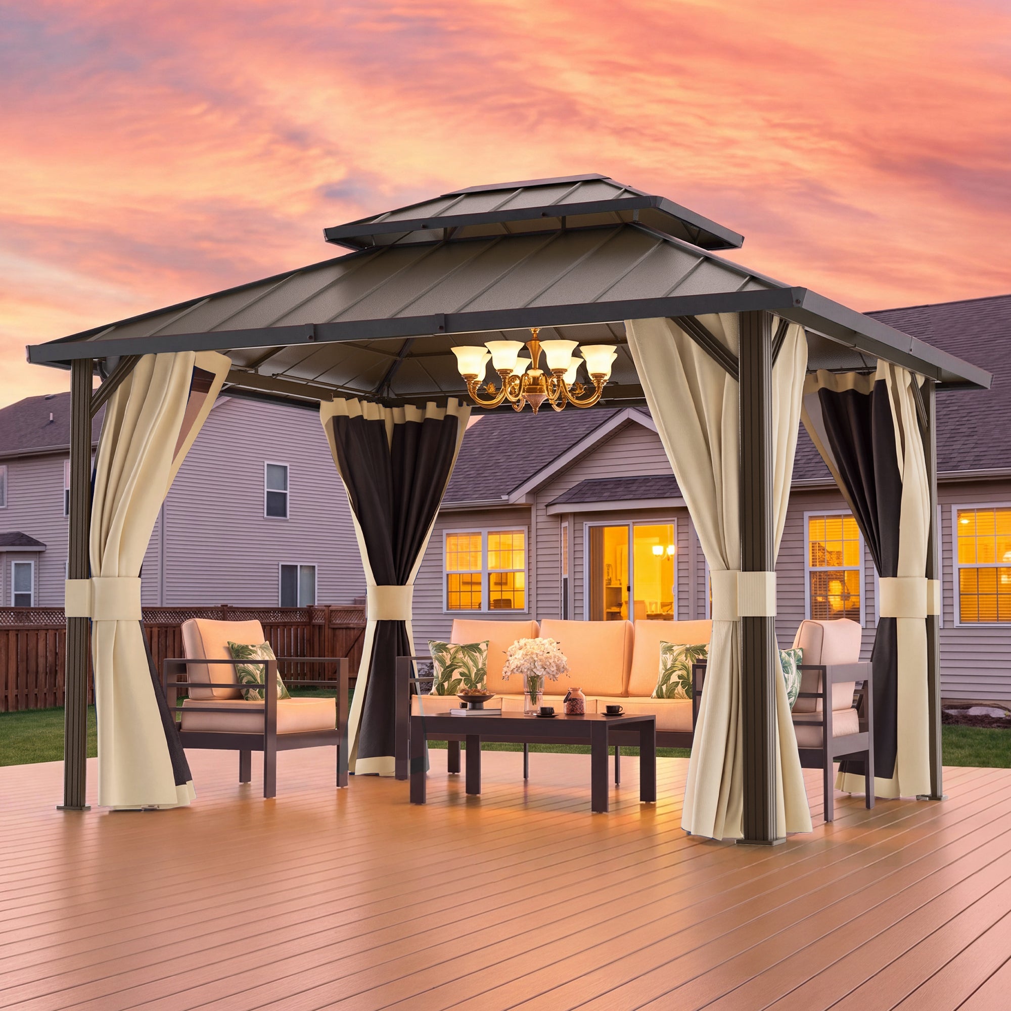 UDPATIO 10x12 Hardtop Permanent Gazebo Aluminum Frame & Double Roof,Beige
