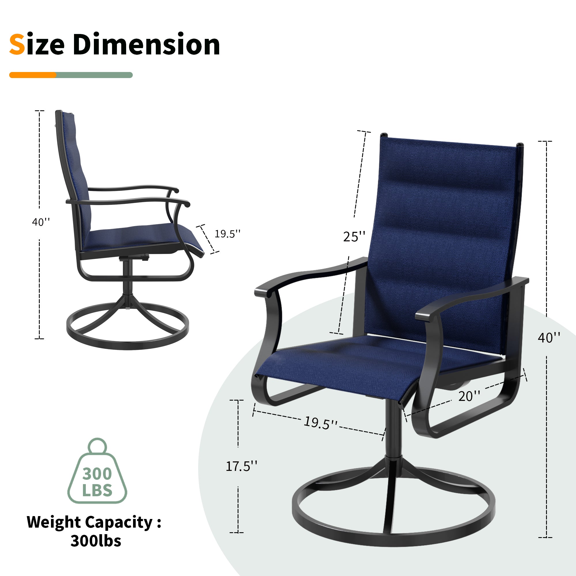 UDPATIO Swivel Patio Chairs Set of 2, Outdoor Swivel Rocker Patio Chairs with High Back, All Weather Textilene & Metal Frame for Backyard, Lawn, Porch, Pooside or Garden, Navy Blue - Padded