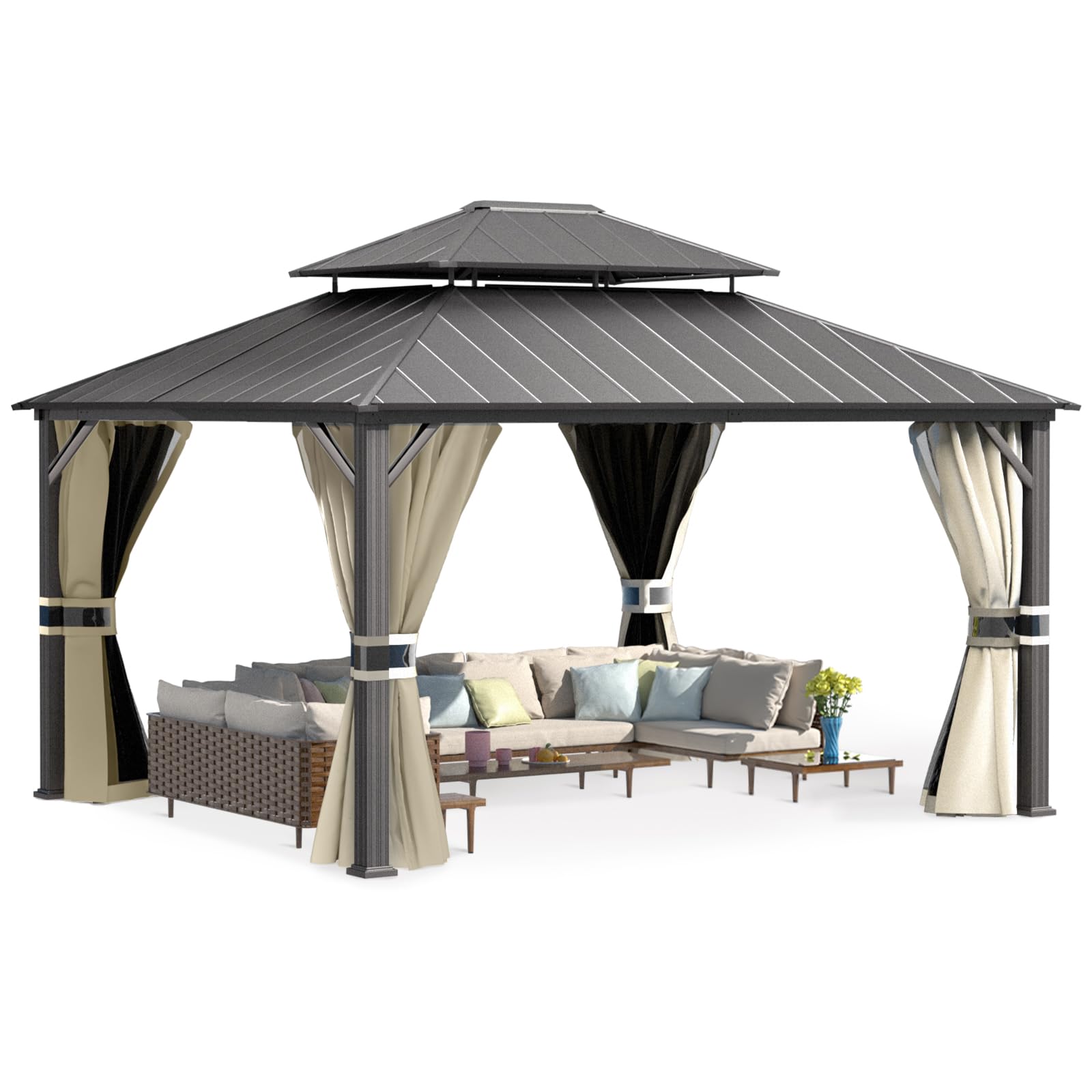 Hardtop Gazebo, Outdoor Aluminum Gazebo with Galvanized Steel Double Roof