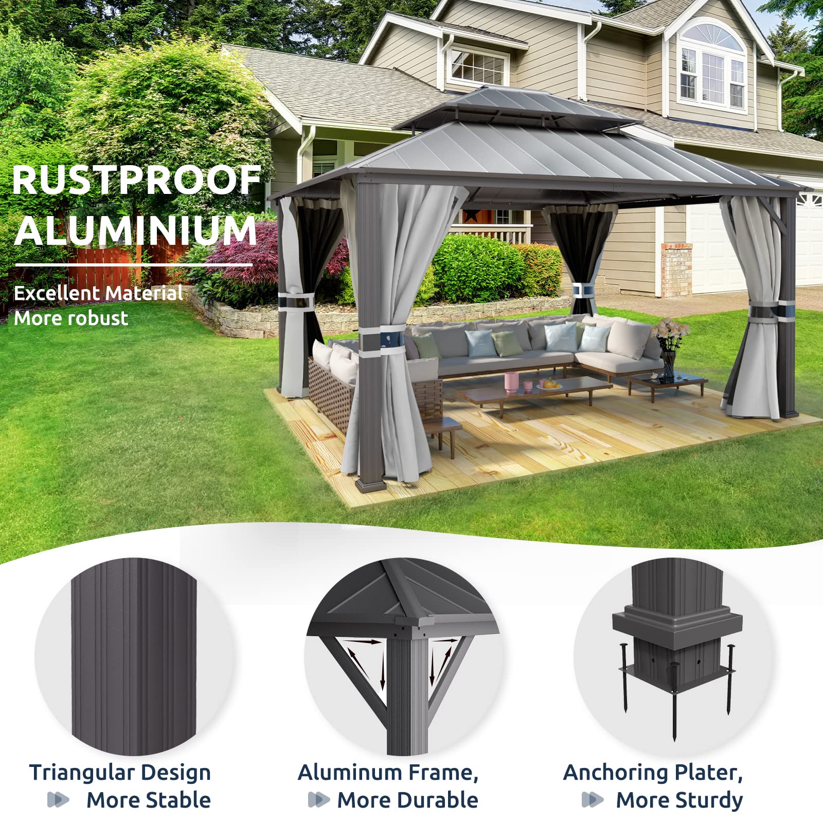 Hardtop Gazebo, Outdoor Aluminum Gazebo with Galvanized Steel Double Roof