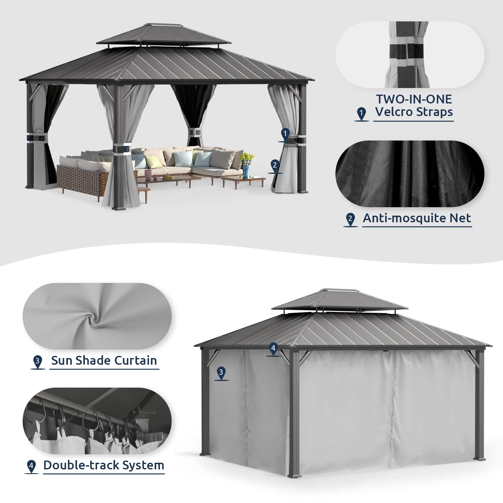 Hardtop Gazebo, Outdoor Aluminum Gazebo with Galvanized Steel Double Roof