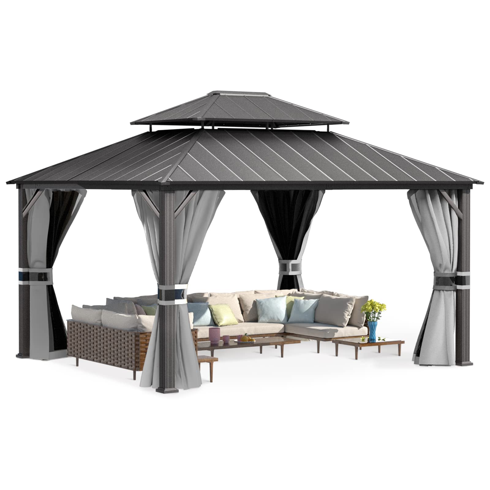 Hardtop Gazebo, Outdoor Aluminum Gazebo with Galvanized Steel Double Roof
