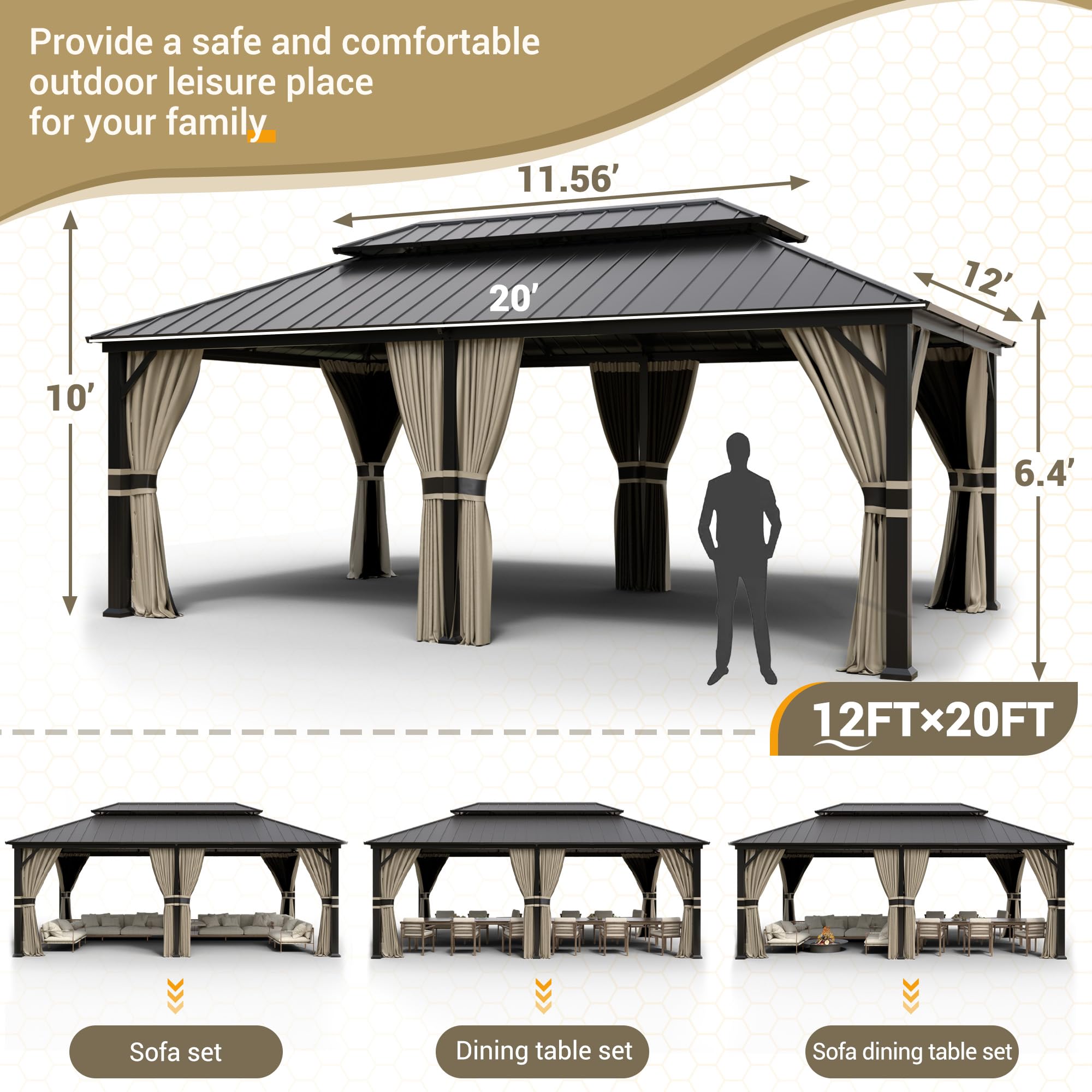 Hardtop Gazebo, Outdoor Aluminum Gazebo with Galvanized Steel Double Roof