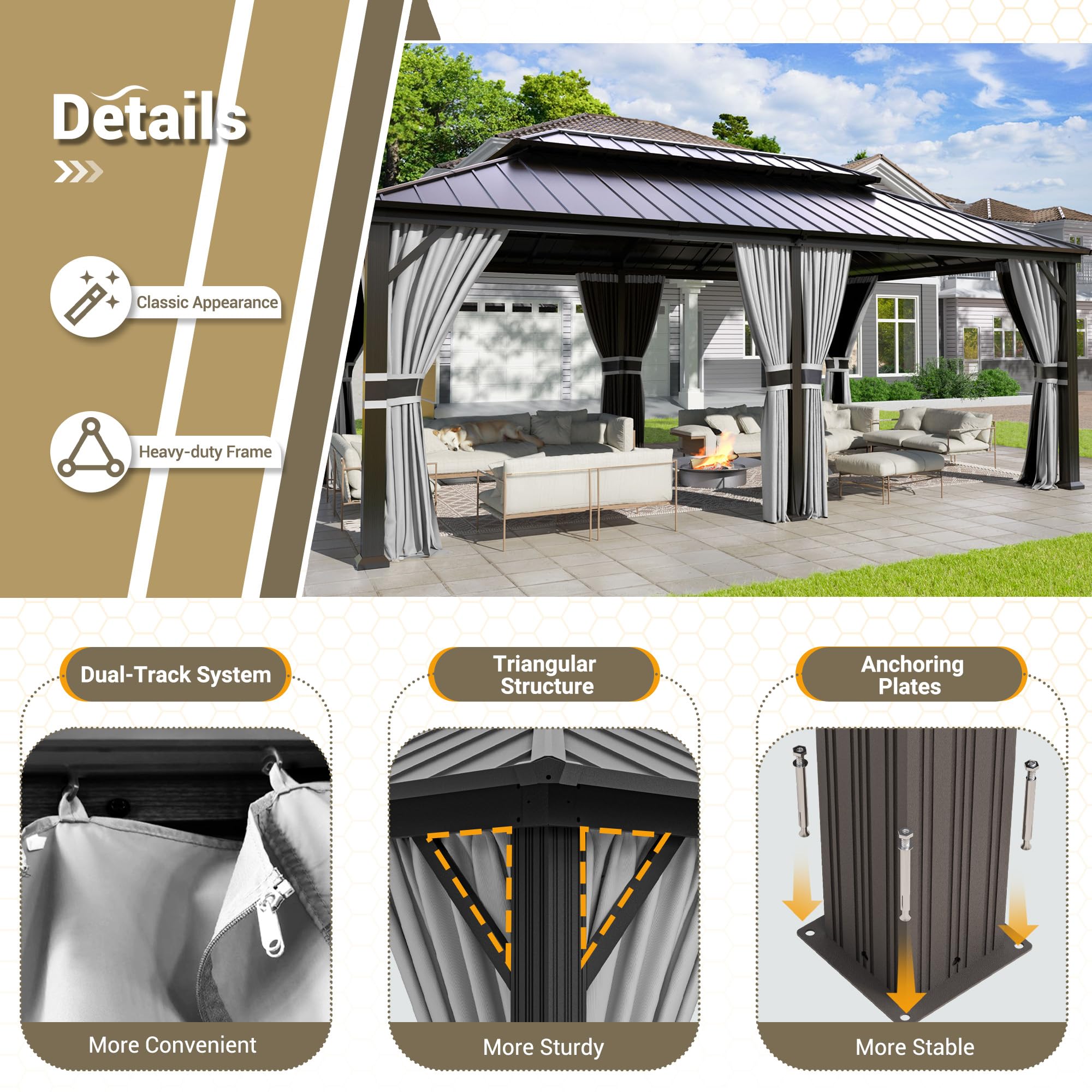 Hardtop Gazebo, Outdoor Aluminum Gazebo with Galvanized Steel Double Roof