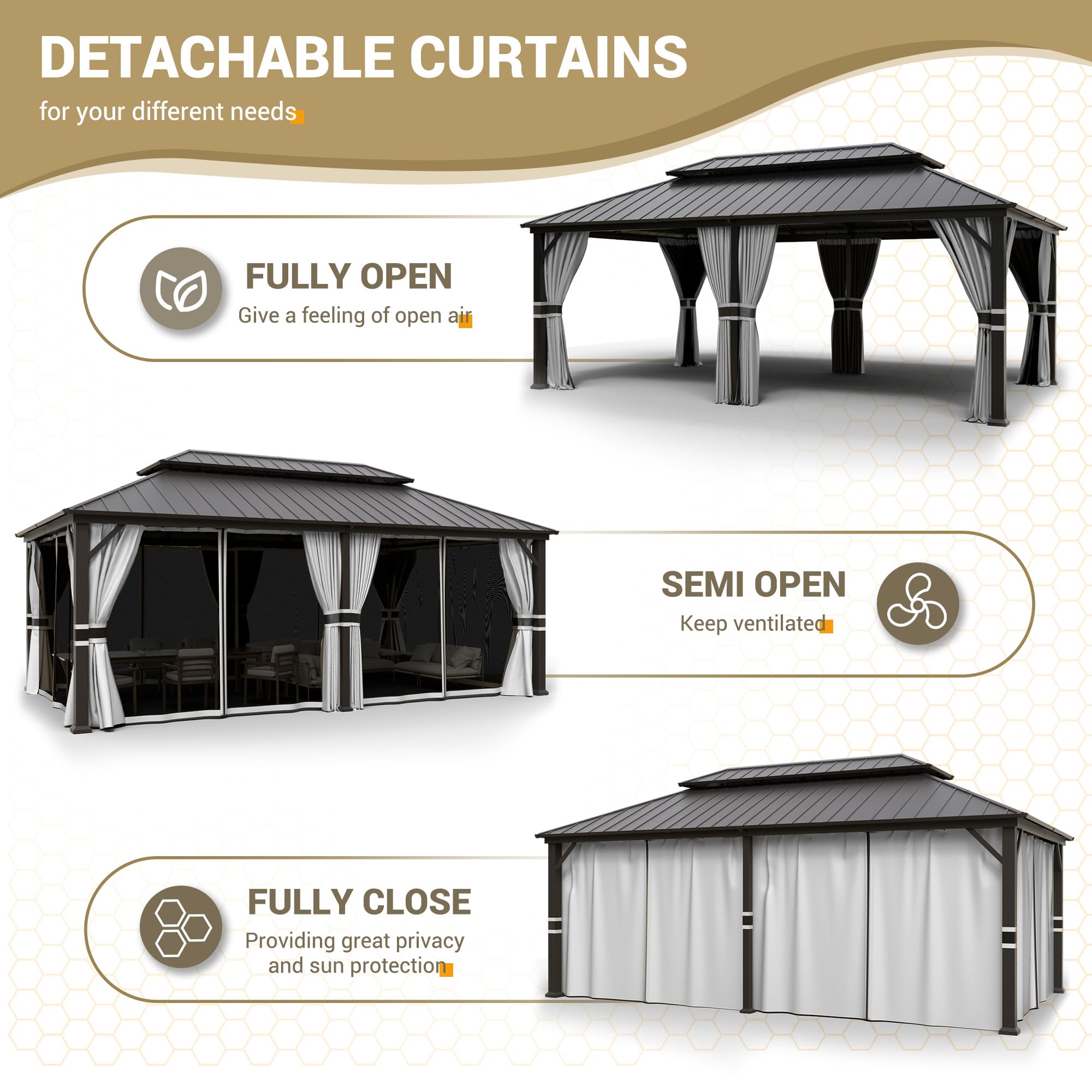 Hardtop Gazebo, Outdoor Aluminum Gazebo with Galvanized Steel Double Roof