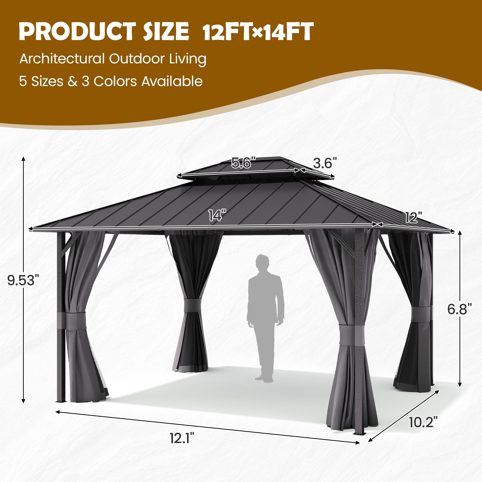 UDPATIO 12'x14' Hardtop Gazebo, Permanent Patio Pavilion with Breathable Netting and Privacy Curtain for Dining Party, Grey