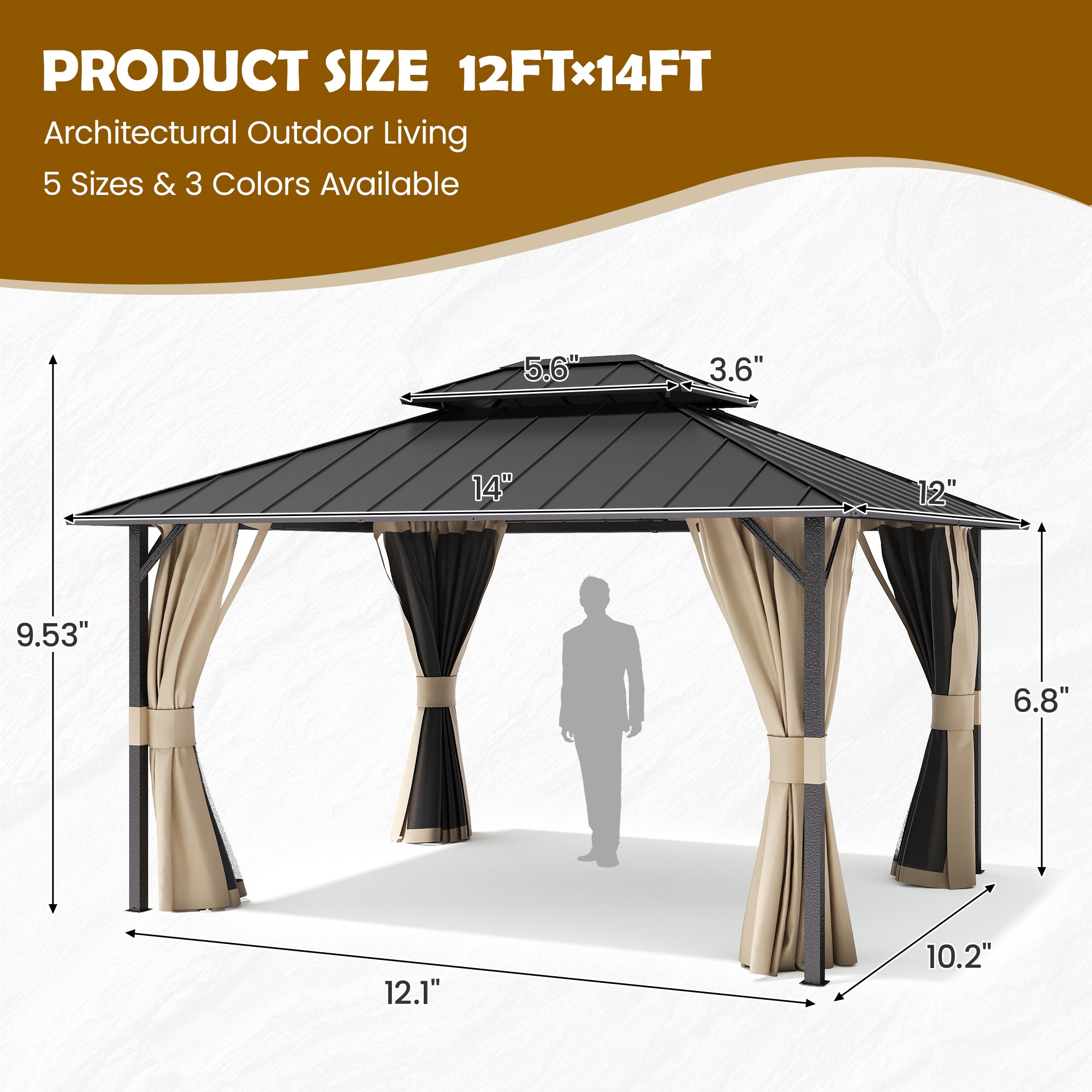 UDPATIO 12'x14' Hardtop Gazebo, Permanent Patio Pavilion with Breathable Netting and Privacy Curtain for Dining Party, Beige