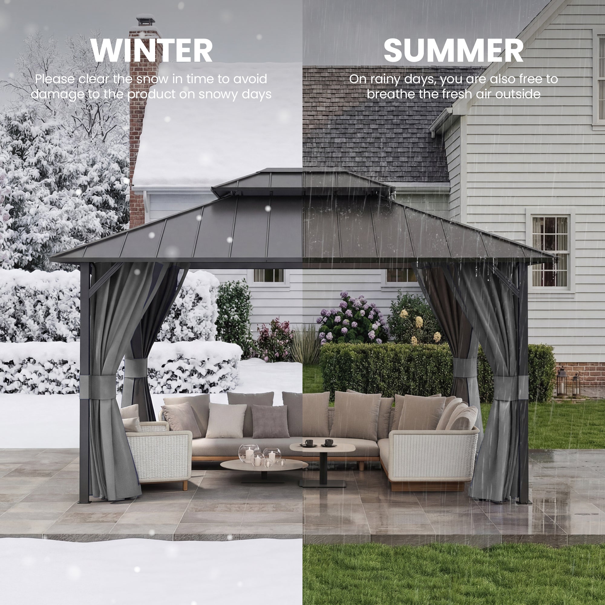 UDPATIO 12'x14' Hardtop Gazebo, Permanent Patio Pavilion with Breathable Netting and Privacy Curtain for Dining Party, Grey