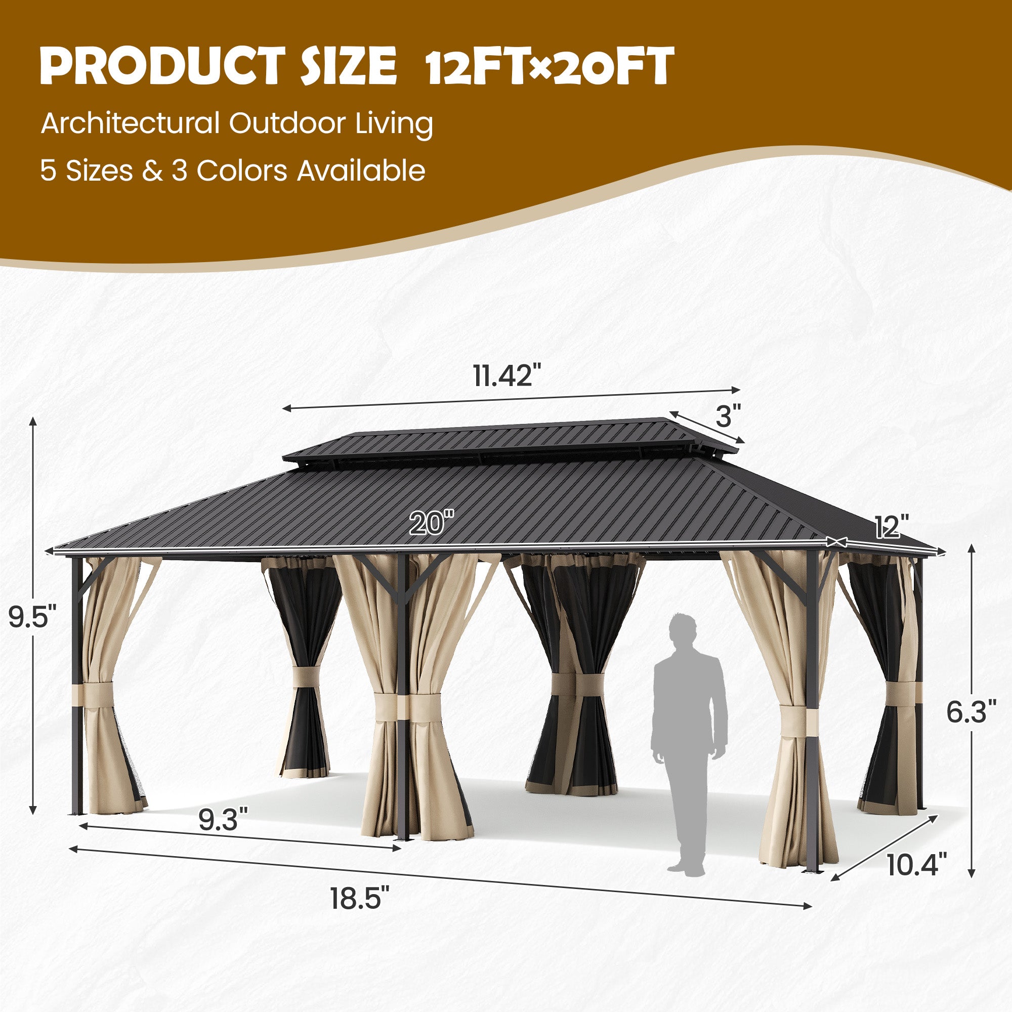 UDPATIO 12'x20' Hardtop Gazebo, Outdoor Metal Gazebo with Galvanized Steel Double Roof, Permanent Pavilion with Netting and Curtains for Lawn, Garden, Patio, Beige