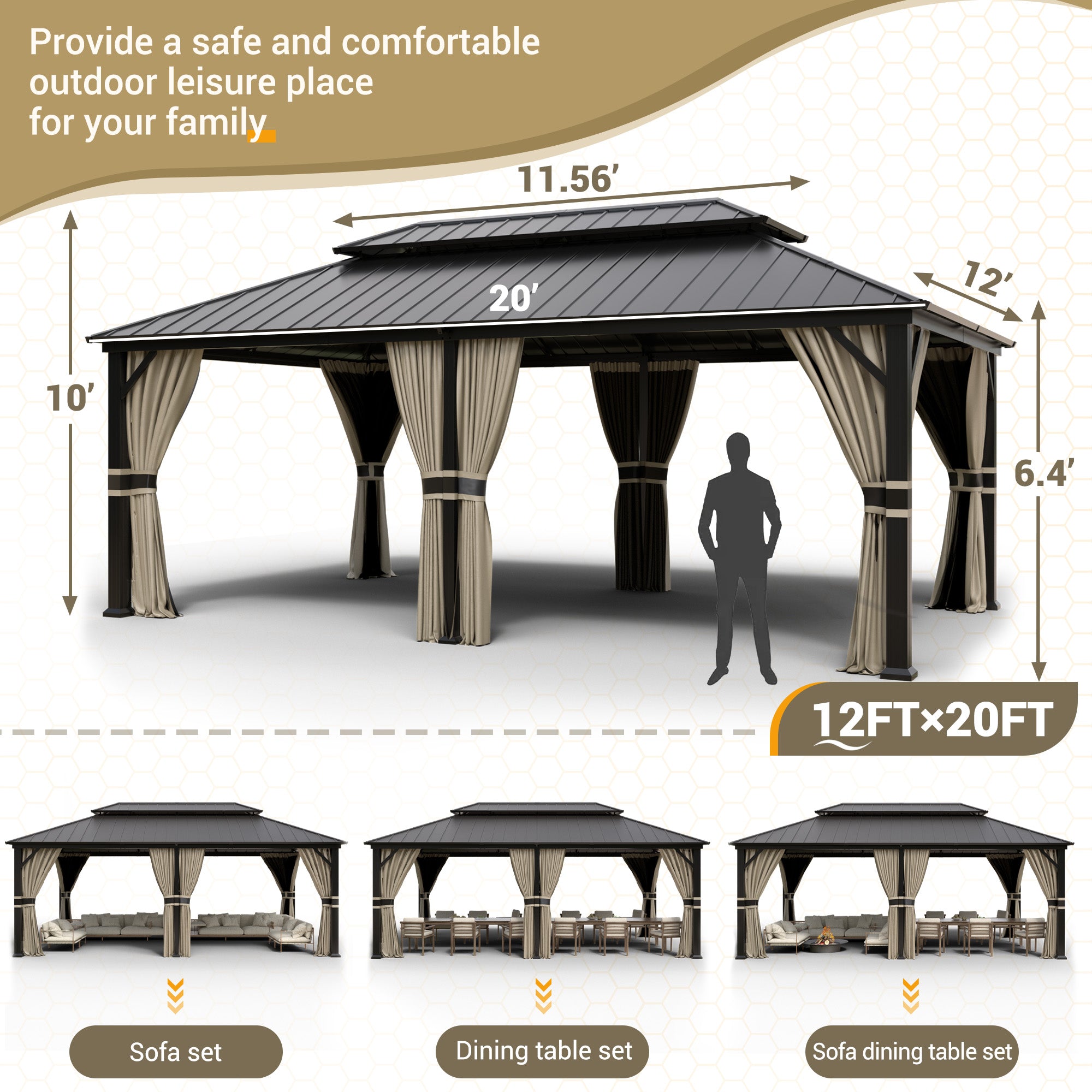 UDPATIO 12' x 20' Hardtop Gazebo,Aluminum Frame Galvanized Steel Double Roof Permanent Gazebo, Outdoor Metal Gazebos with Mosquito Netting and Curtains for Garden, Parties, Patio, Deck, Lawns, Beige
