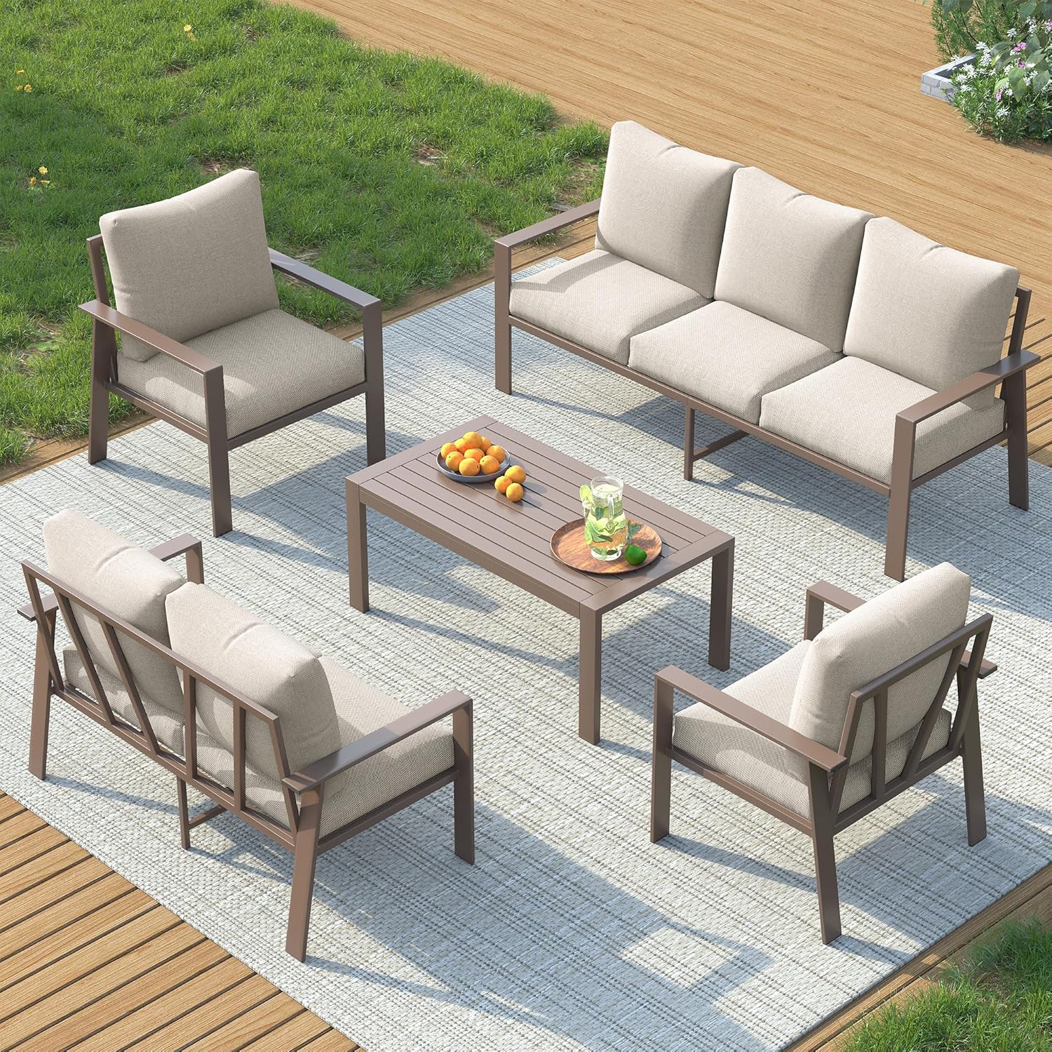 Aluminum Outdoor Patio Furniture Set 7-Seat Metal Patio Conversation Sets with Coffee Table and Water-Resistant Cushions , Modern Patio Sectional Sofa for Porch, Deck, Backyard, Poolside
