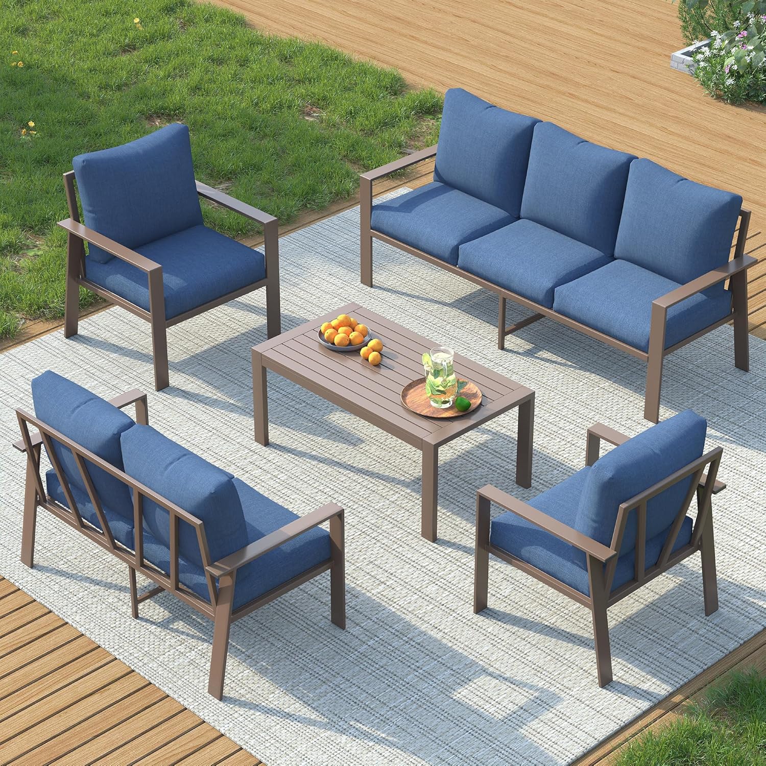 Aluminum Outdoor Patio Furniture Set 7-Seat Metal Patio Conversation Sets with Coffee Table and Water-Resistant Cushions , Modern Patio Sectional Sofa for Porch, Deck, Backyard, Poolside