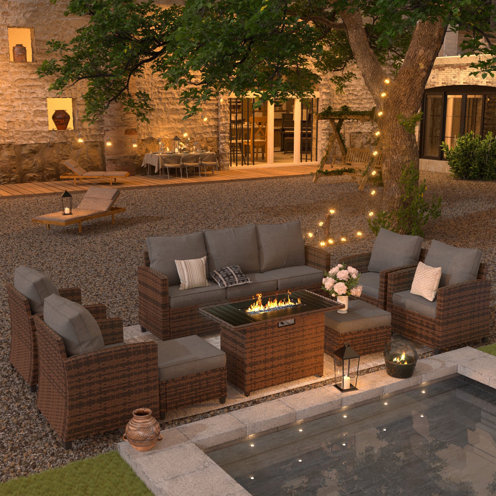 UDPATIO Patio Furniture Set with 44" Fire Pit Table, 8 Pcs Outdoor Couch
