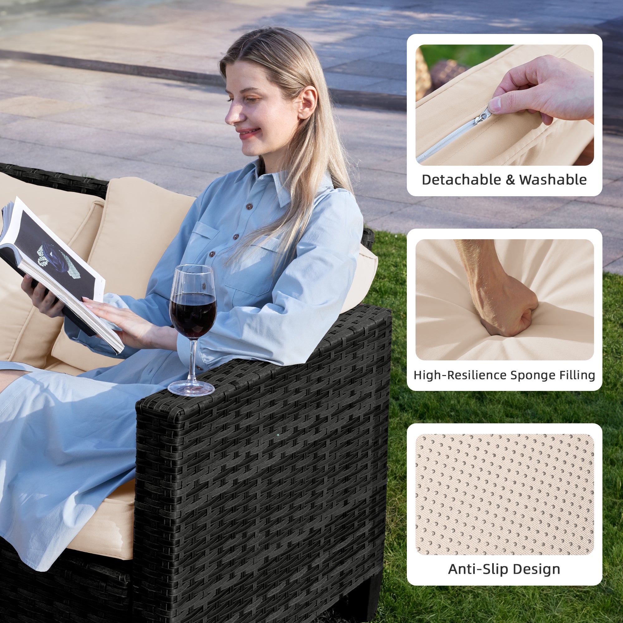 UDPATIO Patio Furniture Set with Fire Pit Table and Swivel Rocking Chairs, 6 Pieces Outdoor Wicker Furniture Set with Waterproof Cover, 4'' Thickened Cushion, Khak