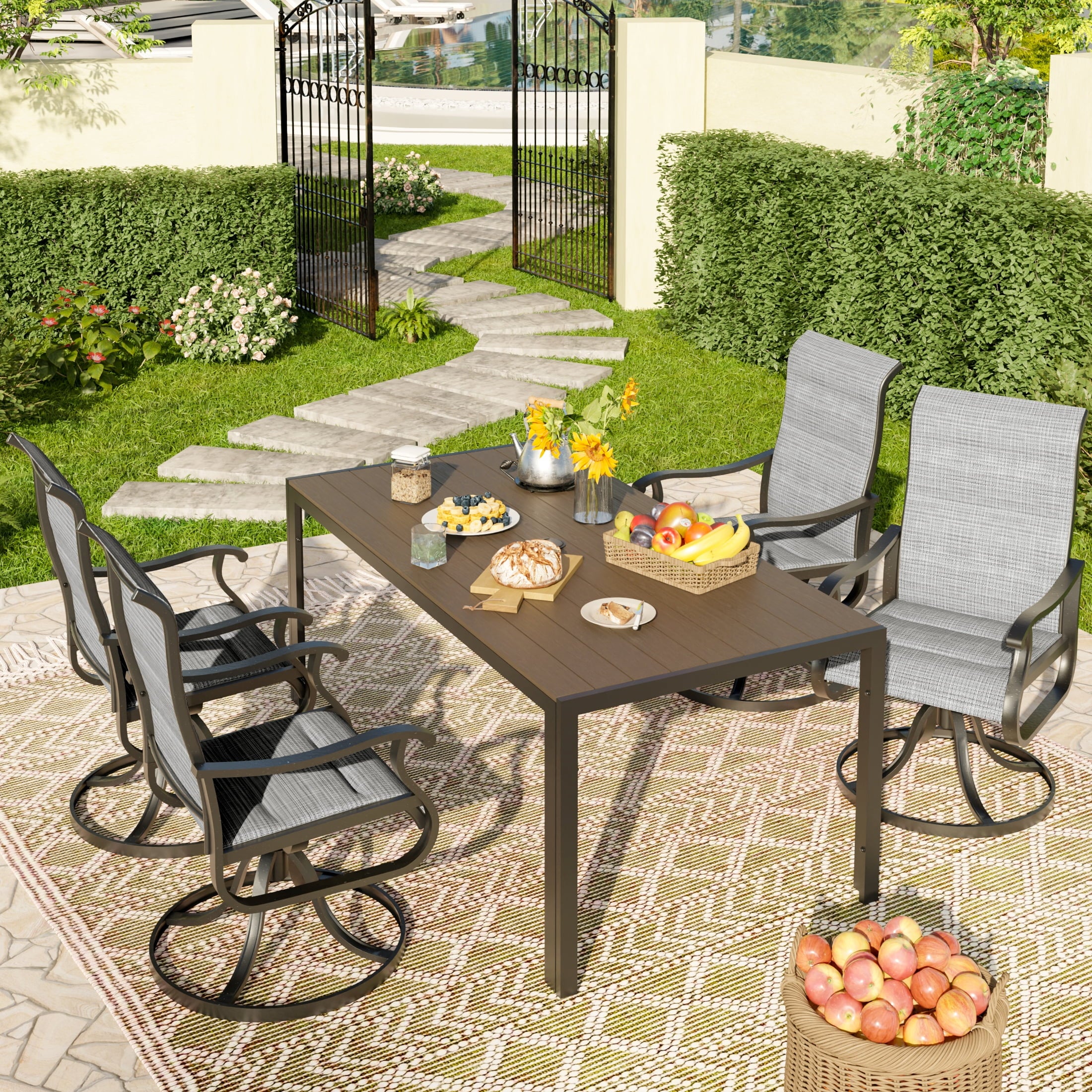 UDPATIO 5-Piece Outdoor Dining Set with High-Back Swivel Padded Chairs & Iron Rectangle Table for 4-Person, Brown & Light Gray