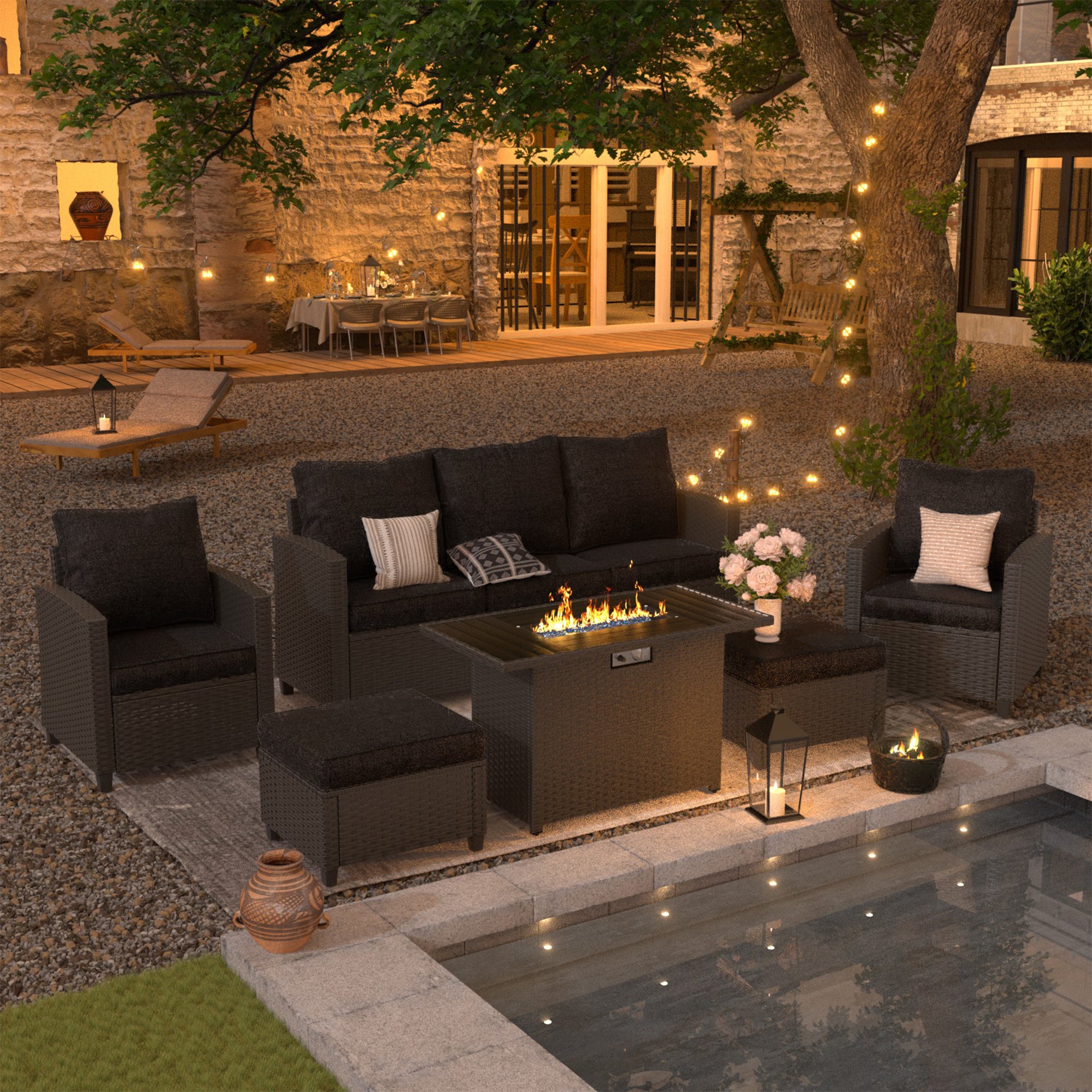 UDPATIO Outdoor Patio Furniture Set with 44" Fire Pit Table, 6 Pieces Sectional Conversation Sets, All-Weather Wicker Rattan Sofa Ottoman with 4" Thick Cushion for Garden Backyard Deck, Black