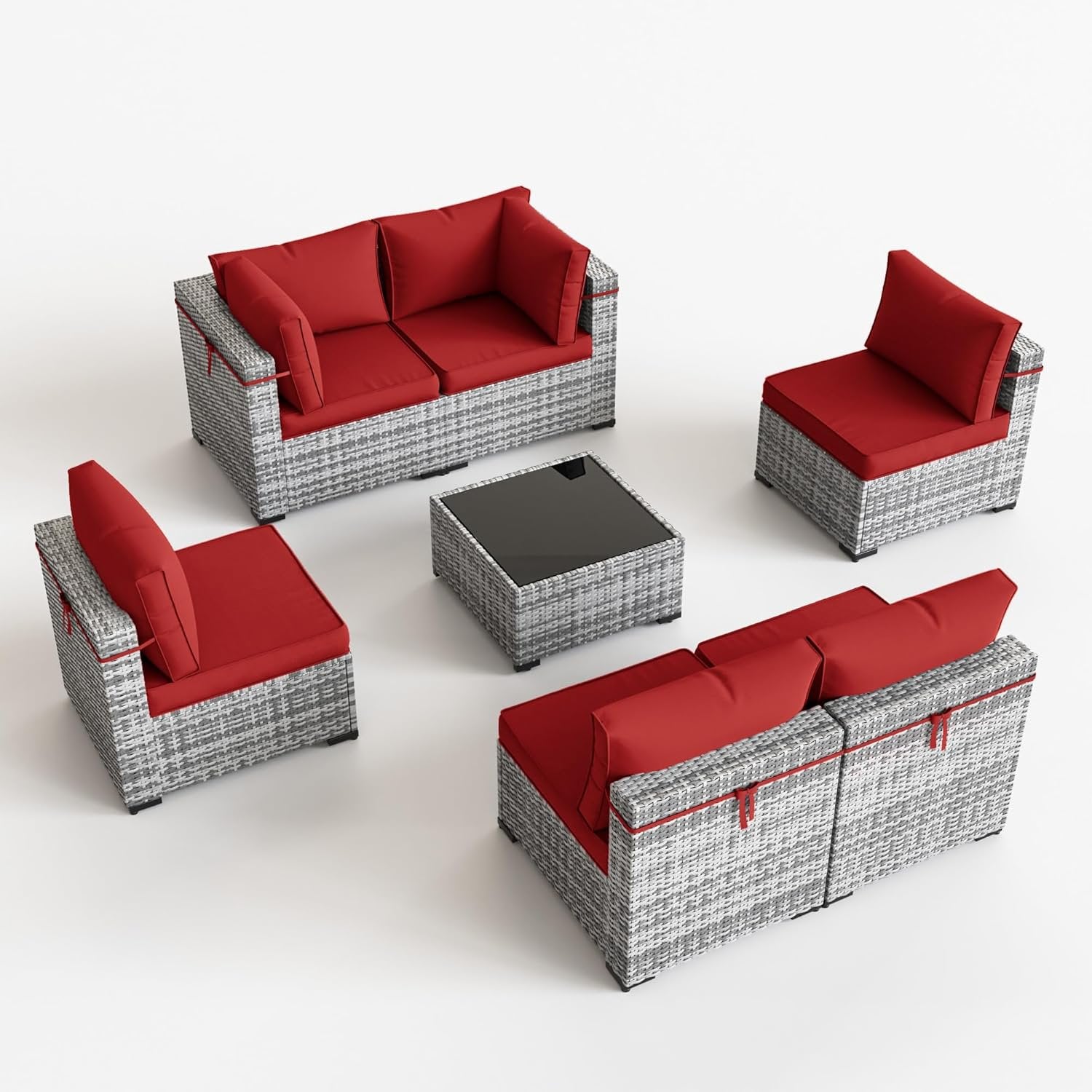 UDPATIO Patio Furniture Sets, Modular Rattan Outdoor Patio Sectional Furniture Sofa Set, Wicker Patio Conversation Set for Backyard, Deck w/Coffee Table, 7PC Grey/Red (Include Sofa Cover)