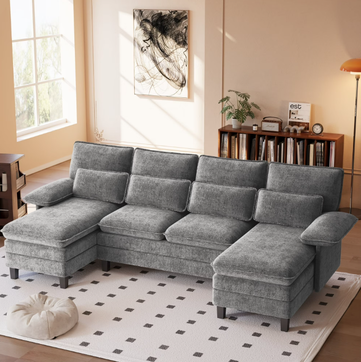 FIONA'S MAGIC Modern U-Shaped Sectional Sofa with Double Chaise & Movable Ottomans, 4-Seat Chenille Fabric Couch for Living Room, Light Grey