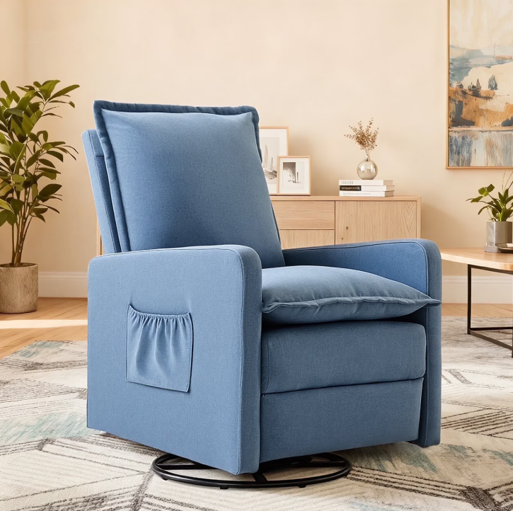 FIONA'S MAGIC Recliner Chair,Nursery Glider for Living Room, Upholstered Swivel Glider, Linen Blue