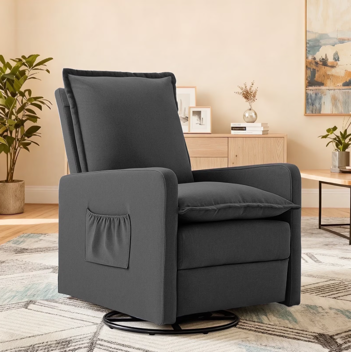 FIONA'S MAGIC Recliner Chair,Nursery Glider for Living Room, Upholstered Swivel Glider, Linen Dark Gray