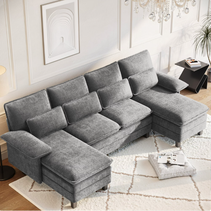 FIONA'S MAGIC Modern U-Shaped Sectional Sofa with Double Chaise & Movable Ottomans, 4-Seat Chenille Fabric Couch for Living Room, Light Grey