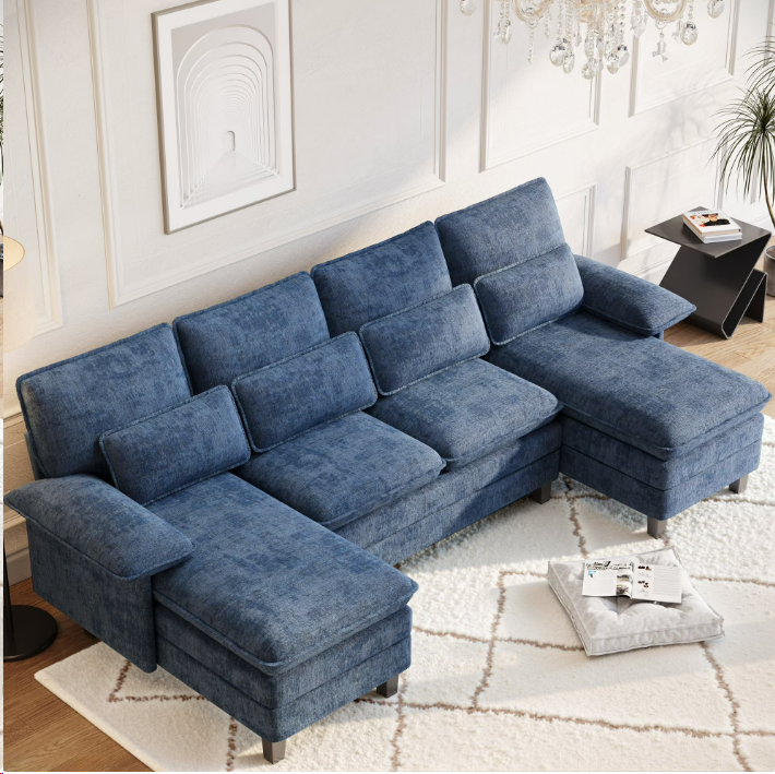 FIONA'S MAGIC Modern U-Shaped Sectional Sofa with Double Chaise & Movable Ottomans, 4-Seat Chenille Fabric Couch for Living Room, Blue