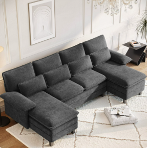 FIONA'S MAGIC Modern U-Shaped Sectional Sofa with Double Chaise & Movable Ottomans, 4-Seat Chenille Fabric Couch for Living Room, Dark Grey
