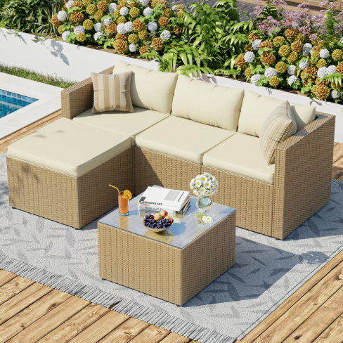 UDPATIO 5-Piece Patio Furniture Set Outdoor Sectional Sofa Set,Outdoor Patio Furniture Set with Ottoman, Cushions & Glass Table for Garden & Backyard, Cream White