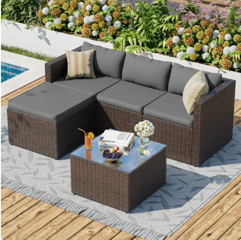 UDPATIO 5-Piece Patio Furniture Set Outdoor Sectional Sofa Set,Outdoor Patio Furniture Set with Ottoman, Cushions & Glass Table for Garden & Backyard, Gray