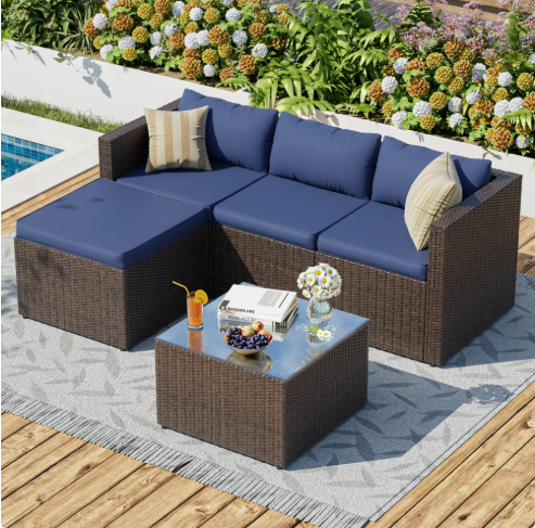 UDPATIO 5-Piece Patio Furniture Set Outdoor Sectional Sofa Set,Outdoor Patio Furniture Set with Ottoman, Cushions & Glass Table for Garden & Backyard,Navy Blue
