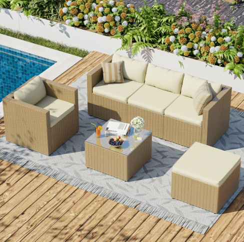 UDPATIO 6-Piece Patio Furniture Set Outdoor Sectional Sofa Set,Outdoor Patio Furniture Set with Ottoman, Single Chair, Cushions & Glass Table for Garden & Backyard,Cream White