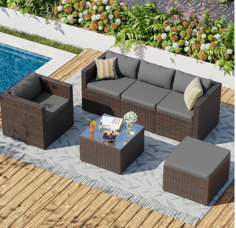 UDPATIO 6-Piece Patio Furniture Set Outdoor Sectional Sofa Set,Outdoor Patio Furniture Set with Ottoman, Single Chair, Cushions & Glass Table for Garden & Backyard, Gray