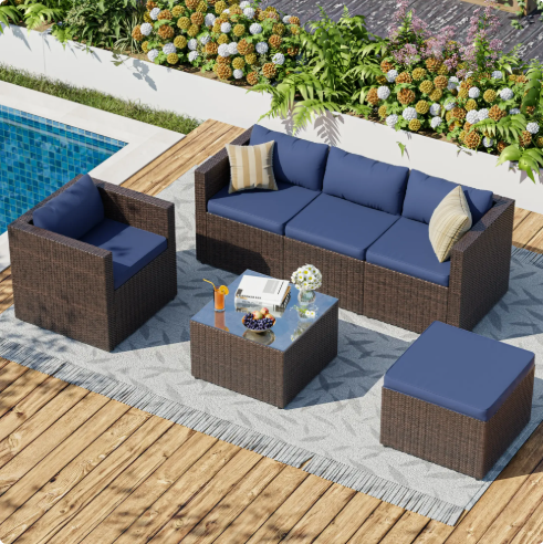UDPATIO 6-Piece Patio Furniture Set Outdoor Sectional Sofa Set,Outdoor Patio Furniture Set with Ottoman, Single Chair, Cushions & Glass Table for Garden & Backyard,Navy Blue