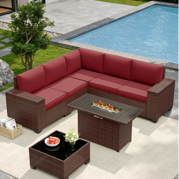 UDPATIO Patio Furniture Set with Fire Pit Table, Outdoor Patio Sofa Set With Wide Armrest, All-Weather Wicker Rattan Guest Set With Cushion And Glass Table And Waterproof Cover, Brown&Wine Red
