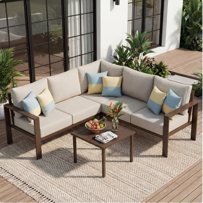 UDPATIO 6-Piece Outdoor Patio Furniture Set, Metal L-Shape Sectional Sofa with 6" Thick Olefin Cushions, Wide Armrest & Coffee Table, Beige for Garden, Backyard