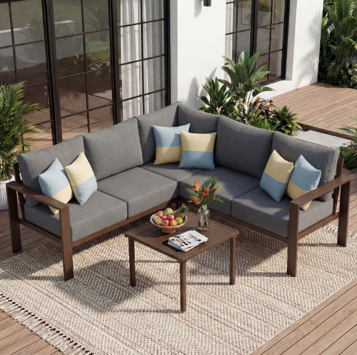 UDPATIO 6-Piece Outdoor Patio Furniture Set, Metal L-Shape Sectional Sofa with 6" Thick Olefin Cushions, Wide Armrest & Coffee Table, Grey for Garden, Backyard