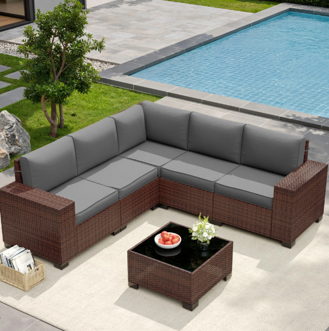 UDPATIO 6-Piece Patio Furniture Set, Outdoor Patio Sofa Set With Wide Armrest, All-Weather Wicker Rattan Guest Set With Cushion And Glass Table And Waterproof Cover, Brown & Dark Grey