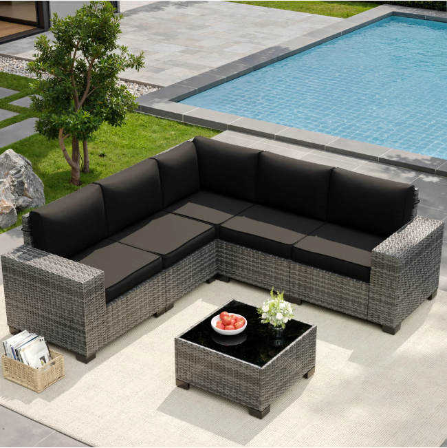 UDPATIO 6-Piece Patio Furniture Set, Outdoor Patio Sofa Set With Wide Armrest, All-Weather Wicker Rattan Guest Set With Cushion And Glass Table And Waterproof Cover, Grey & Black