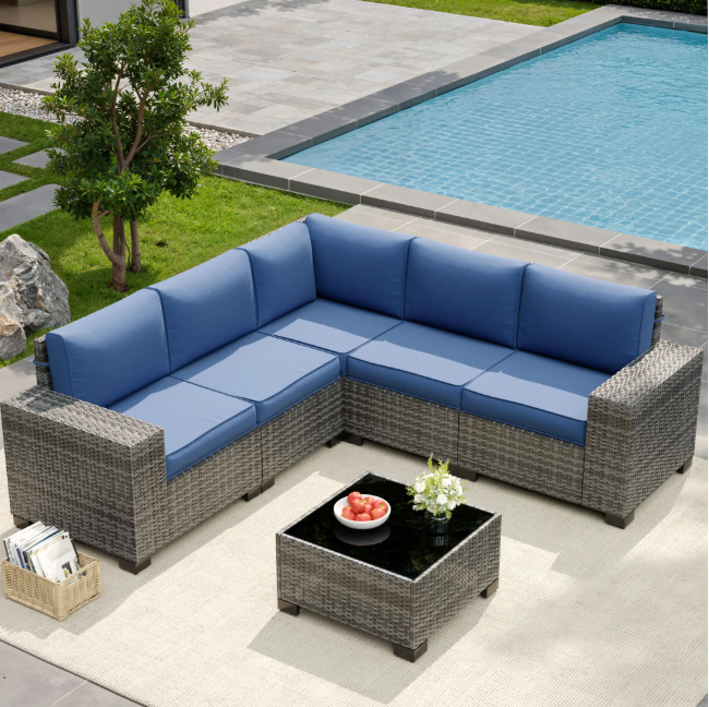 UDPATIO 6-Piece Patio Furniture Set, Outdoor Patio Sofa Set With Wide Armrest, All-Weather Wicker Rattan Guest Set With Cushion And Glass Table And Waterproof Cover, Grey & Navy Blue