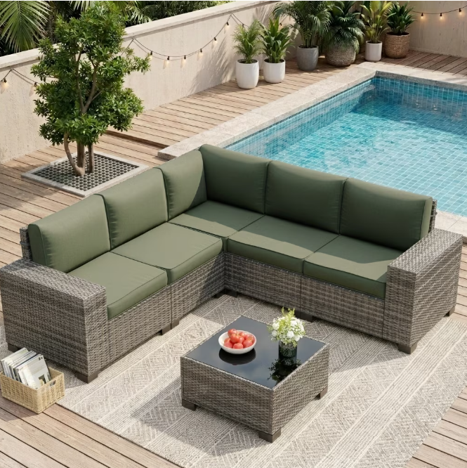 UDPATIO 6-Piece Patio Furniture Set, Outdoor Patio Sofa Set With Wide Armrest, All-Weather Wicker Rattan Guest Set With Cushion And Glass Table And Waterproof Cover, Grey &Green