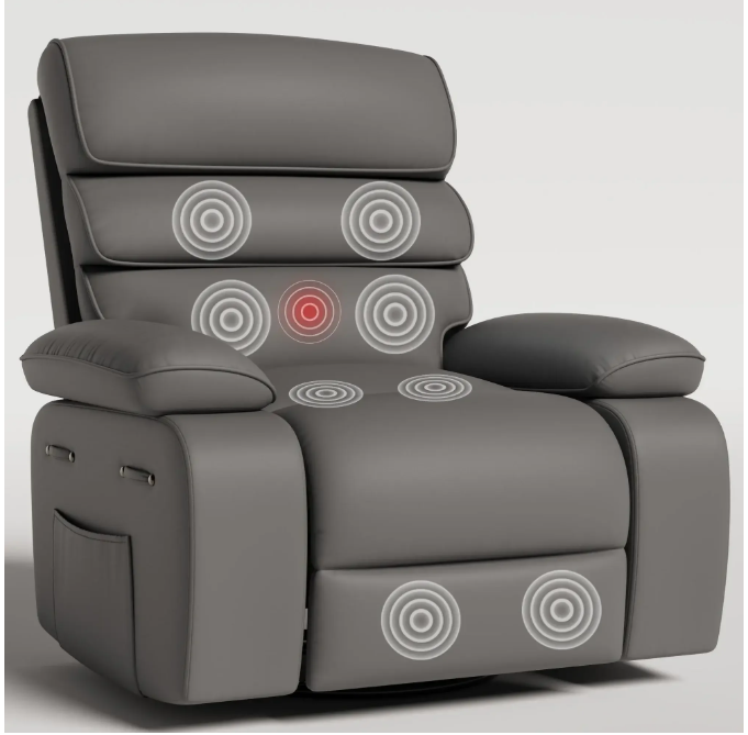 UDPATIO Oversized Swivel Rocker Recliner Chair with Heat and Massage, Adjustable Recline for Living Room,PU Leather ,Dark Grey