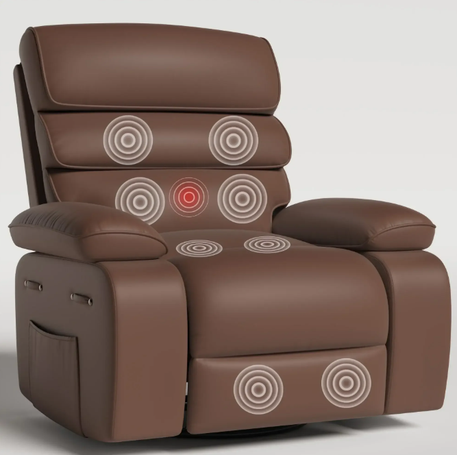 UDPATIO Oversized Swivel Rocker Recliner Chair with Heat and Massage, Adjustable Recline for Living Room,PU Leather,Brown
