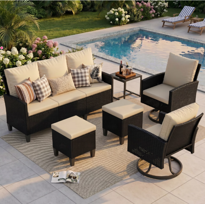 UDPATIO Outdoor Conversation Set,6 Pieces Patio Furniture Set, All-Weather Wicker Rattan Outdoor Sectional Sofa Set with Ottoman and Swivel Chairs for Poolside, Backyard,Black Wicker Beige Cushions