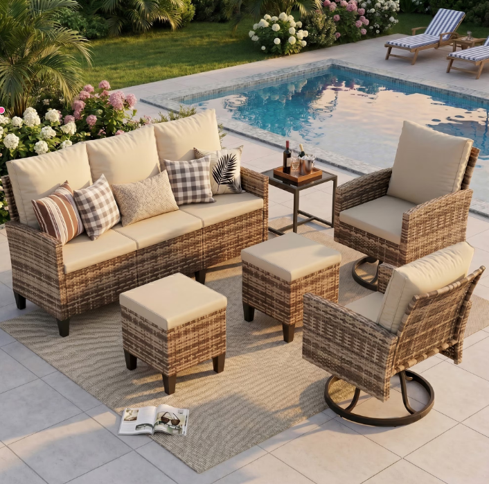 UDPATIO 6 Pieces Outdoor Conversation Set, All-Weather Wicker Rattan Outdoor Sectional Sofa Set with Ottoman and Swivel Chairs for Poolside, Backyard,Yellow Brown Wicker Beige Cushions